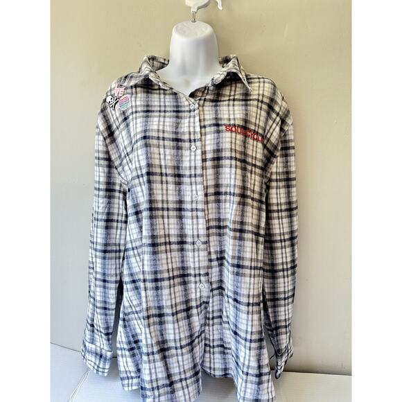SoulCycle Cotton Yoga Wheel & Patches Flannel Button Up Shirt Top - Picture 1 of 9